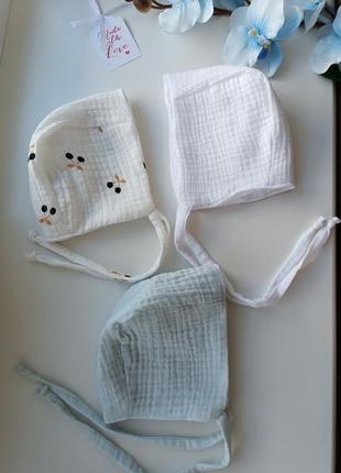 Чепчик муслин хлопок для новорожденных чепец шапочка на выписку