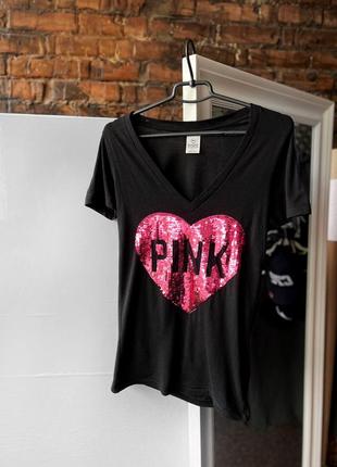 Pink victoria’s secret women’s big print black v-neck t-shirt женская футболка