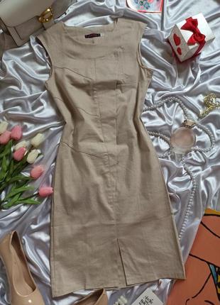 Лляна силуетна літня сукня бежева льон футляр7 фото