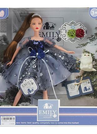 Лялька emily брюнетка сукня в пайєтках з синім верхом і сірою спідницею (qj089c)