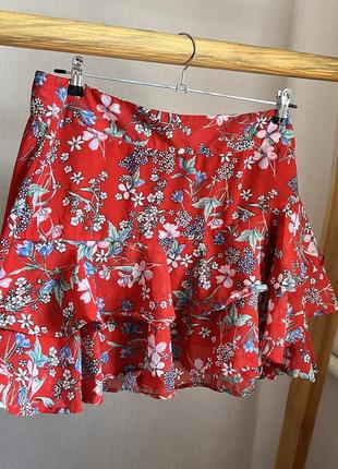 Новая женская короткая мини юбка красная пышная в цветы цветочный принт