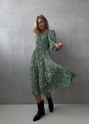 Платье миди зеленое с цветочным принтом на длинный рукав свободного кроя, качественное стильное трендовое