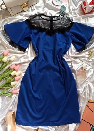 Платье синего цвета электрик с пышными рукавами с фатином3 фото