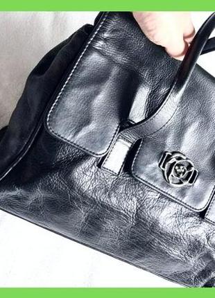 Жіноча класична чорна сумка, середня, натуральна шкіра, 35х25х10см5 фото