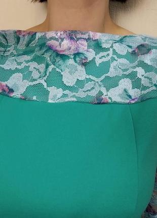 Коктейльне плаття-футляр м'ятного кольору з мереживом6 фото