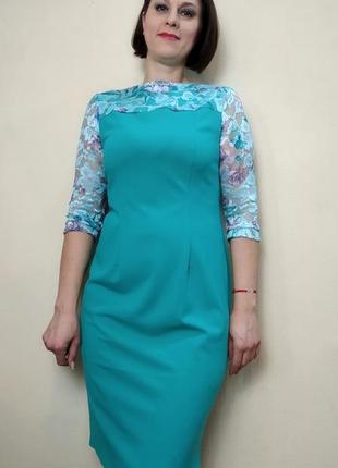 Коктейльне плаття-футляр м'ятного кольору з мереживом8 фото