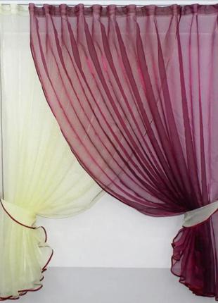 Комплект штор на кухню. балкон 320х170см "дует". колір бордовий з жовтим