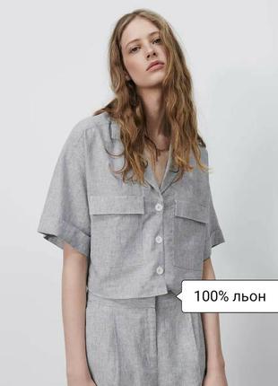 Zara натуральна базова льляна супер оверсайз сорочка в смужку топ блуза футболка 100% льон s xs m1 фото
