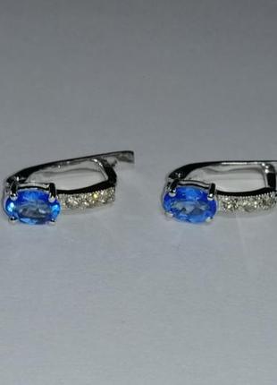Золоті сережки з натуральними блакитними топазами і діамантами 0,14 карат. нові3 фото