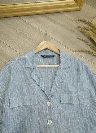 Zara натуральная базовая льняная супер оверсайз рубашка в полоску топ блуза футболка 100% лен s xs m5 фото
