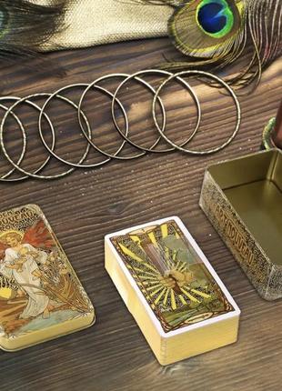Карти таро золоте таро ар нуво ( golden art nouveau tarot). із золотим зрізом у бляшаній коробочці.3 фото