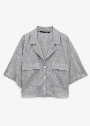 Zara натуральная базовая льняная супер оверсайз рубашка в полоску топ блуза футболка 100% лен s xs m