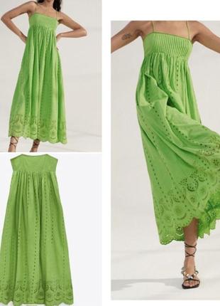 Длинное зеленое платье,силафан с прорезной вышивкой, платье из прошвы из новой коллекции zara размер s,xxl3 фото