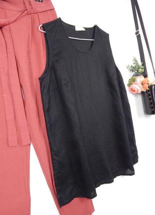 Стильная льняная удлиненная блуза туника без рукавов из льна лен брендовая сток с разрезами4 фото