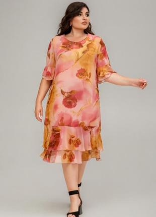 Платье летнее шифоновое прямое цветочное на подкладке с воланами2 фото