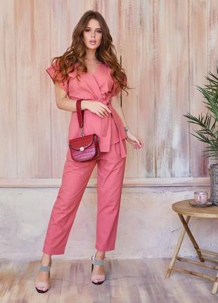 Коттоновый розовый костюм с блузой и брюками