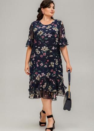 Платье летнее шифоновое прямое цветочное на подкладке с воланами и поясом