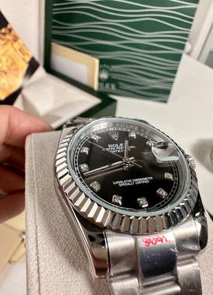 Часы наручные женские серебряные черный циферблат с камнями стразами брендовые ролекс rolex2 фото