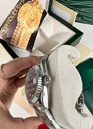 Часы наручные женские серебряные черный циферблат с камнями стразами брендовые ролекс rolex4 фото