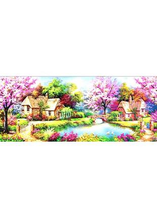 Алмазна мозаїка будинок біля ставка пейзаж 62*172 см. набір алмазної вишивки стразами за номерами. картина