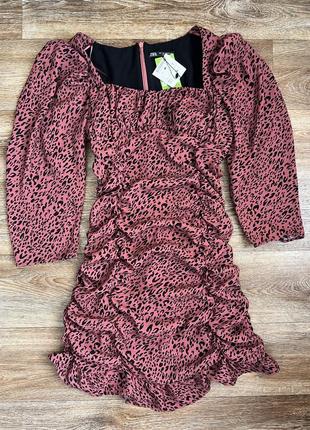Новое платье zara леопардовое с квадратным вырезом бордовое мини платье чёрное сборка повседневное волан л (l)3 фото