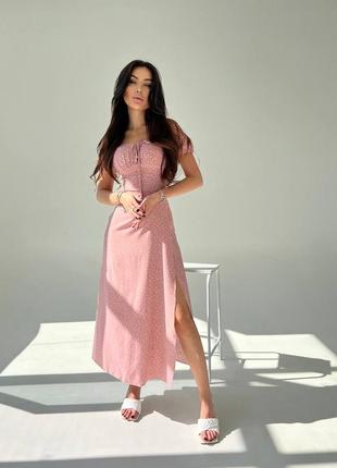 Шикарное длинное платье с разрезом на запах с корсетным лифом на кулиске с рукавами фонариками белое розовое синее в горошек вечернее повседневное