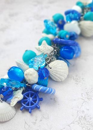 Браслет подвески голуб бел ракуш лето море звезд якорь штурвал бусин рыбки цепоч сереб полимерная лепка hand made отпуск