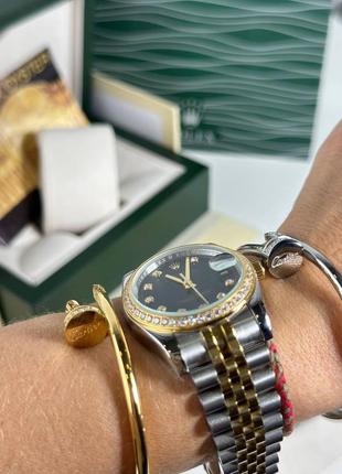 Часы наручные женские серебристые с камнями стразами черный циферблат брендовые в стиле ролекс rolex7 фото