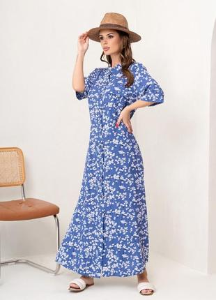 Голубое цветочное платье-рубашка с разрезами3 фото