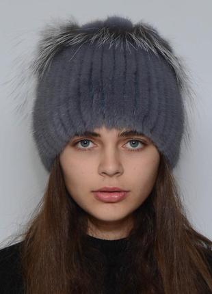Жіноча зимове норкова шапка петлі сапфір1 фото