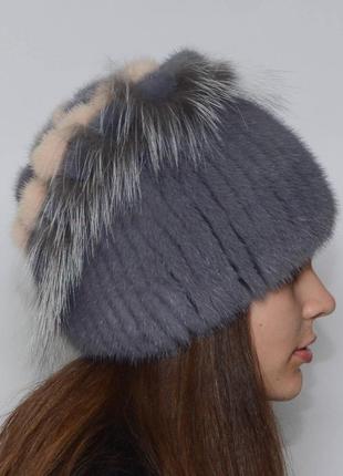 Жіноча зимове норкова шапка петлі сапфір2 фото