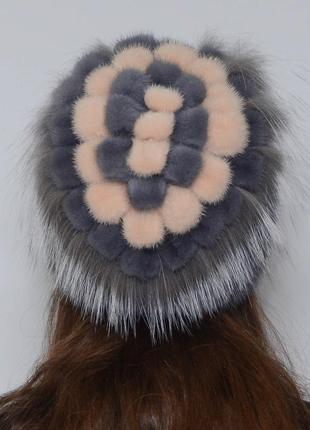 Жіноча зимове норкова шапка петлі сапфір3 фото