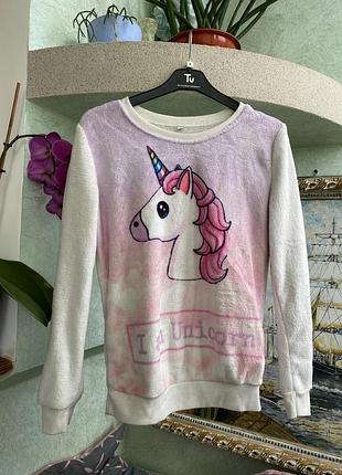 Женский теплый свитшот кофта худи с единорогом мягкое меховое нежное белое