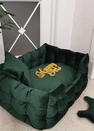 Лежак з бортами для собак і котів 110х70 см зелений велюр, подушка, іграшка-кість1 фото