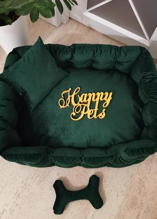 Лежак с бортами для собак и кошек 60х50 см зеленый велюр, подушка, игрушка-кость