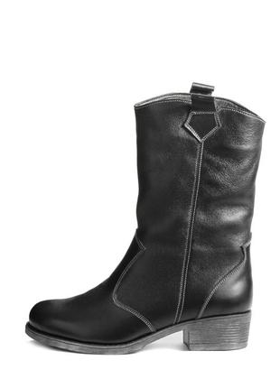 Кожаные зимние черные женские короткие сапоги полусапоги низкий каблук натуральная кожа