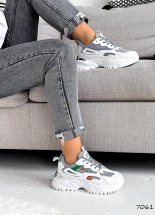 Стильные женские кроссовки белые+серый на толстой подошве, экокожа + текстиль, демисезон-женская обувь
