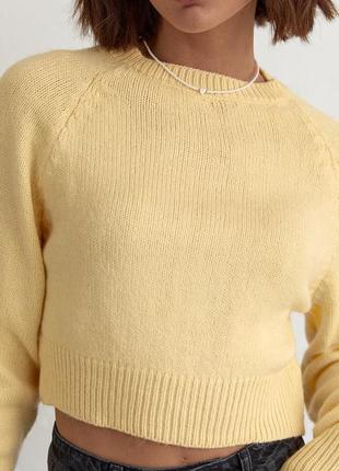 Женский вязаный желтый джемпер с рукавами-регланами4 фото