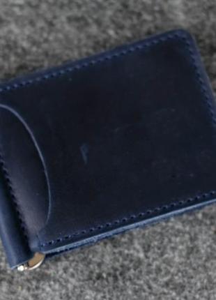 Кожаный зажим для денег и карт мужской натуральная винтажная кожа синий4 фото