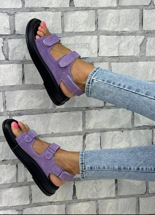 Босоножки женские стильные фиолетовые замш, удобные кожаные сандалии7 фото