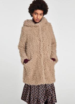 Актуальная шуба шубка капюшон teddy bear меховое пальто camel бежевое евро зима zara