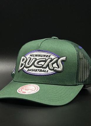 Оригінальна зелена кепка з сіткою mitchell & ness trucker snapback milwaukee bucks