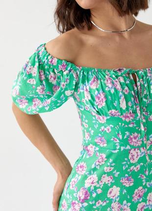 Летнее цветочное платье миди с кулиской на груди4 фото
