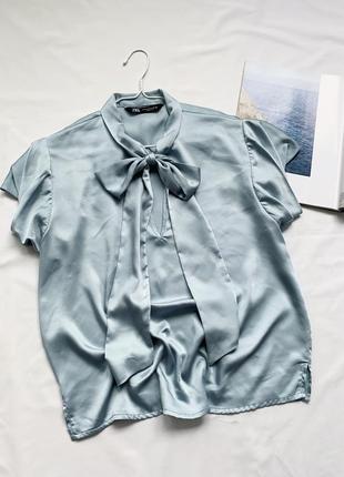 Блуза, блузка, голубая, с бантиком, с бантом, zara1 фото