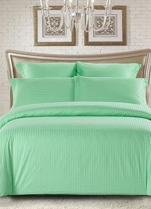 Двоспальне простирадло на гумці страйп-сатин, люкс якість зелений у смужку (160х200х20) st-1003