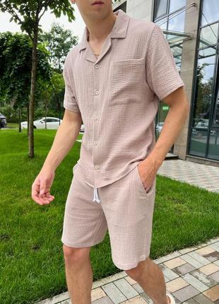 Трендовий діловий літній комплект муслін чоловічий костюм сорочка і шорти