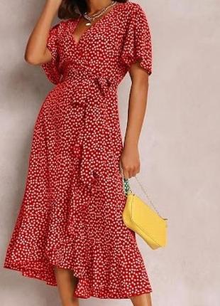 Красное платье на запах, цветочный принт3 фото