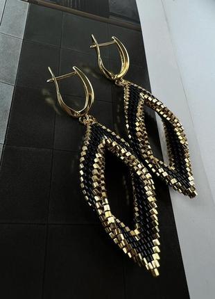 Серьги из бисера, вечерние серьги, черно-золотой узор, элегантные украшения, изысканные серьги2 фото