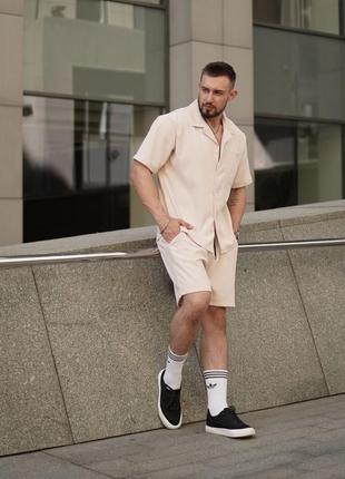 Качественный вельветовый мужской костюм летний комплект шорты и рубашка деловой стильный