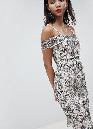 Платье миди с открытыми плечами цветочной вышивкой river island